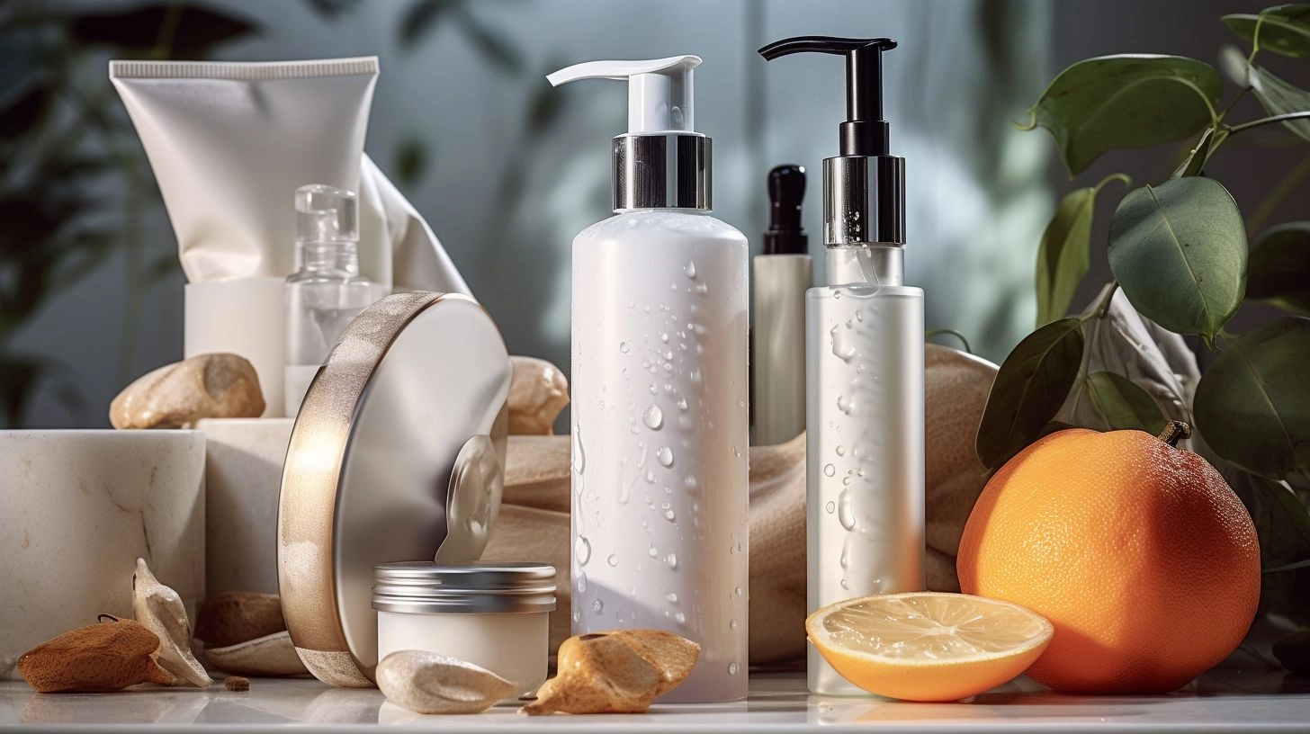 A clogged pump dispenser surrounded by skincare products in a still life photograph.